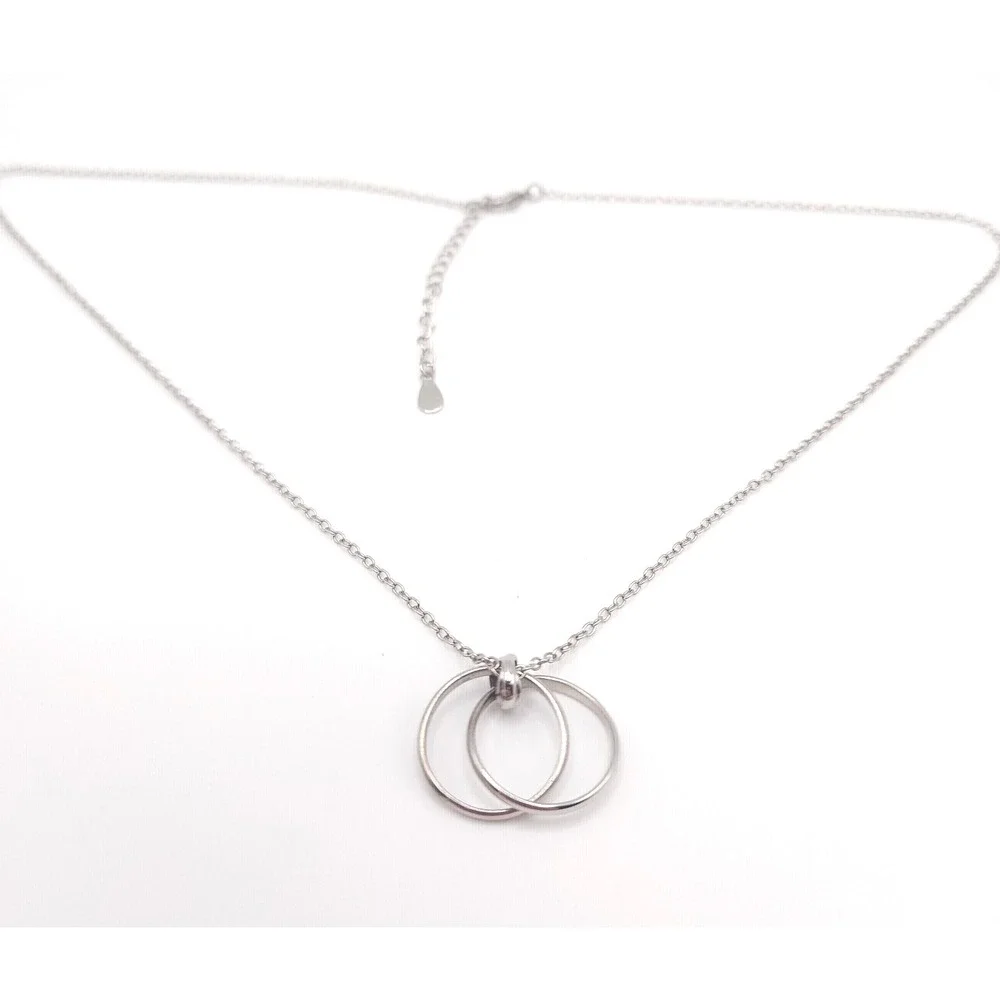 Silver‎ Tone Double Ring Pendant Necklace – 18″ Adjustable Lobster Clasp Rolo